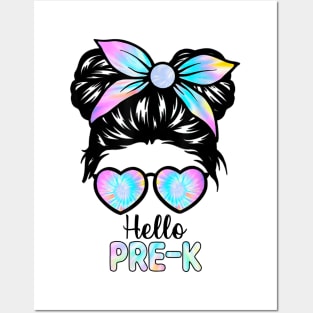 Hello Pre-K Messy Hair Bun Girl Back To School First Day Posters and Art